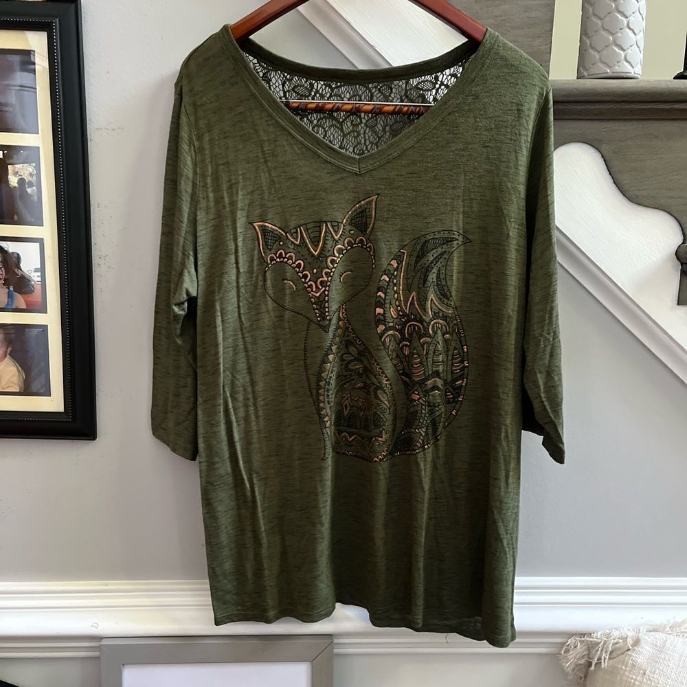 Faded Glory Olive Copper Fox Lace Accented T-Shirt sz 2X EUC